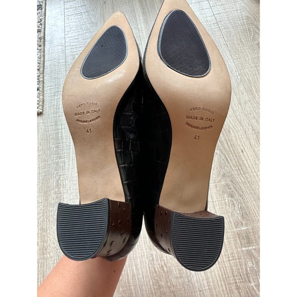 Anyi Lu Black Leather Crocodile & Ostrich Block Heels - Size 41/ Womens 11 - Picture 3 of 5